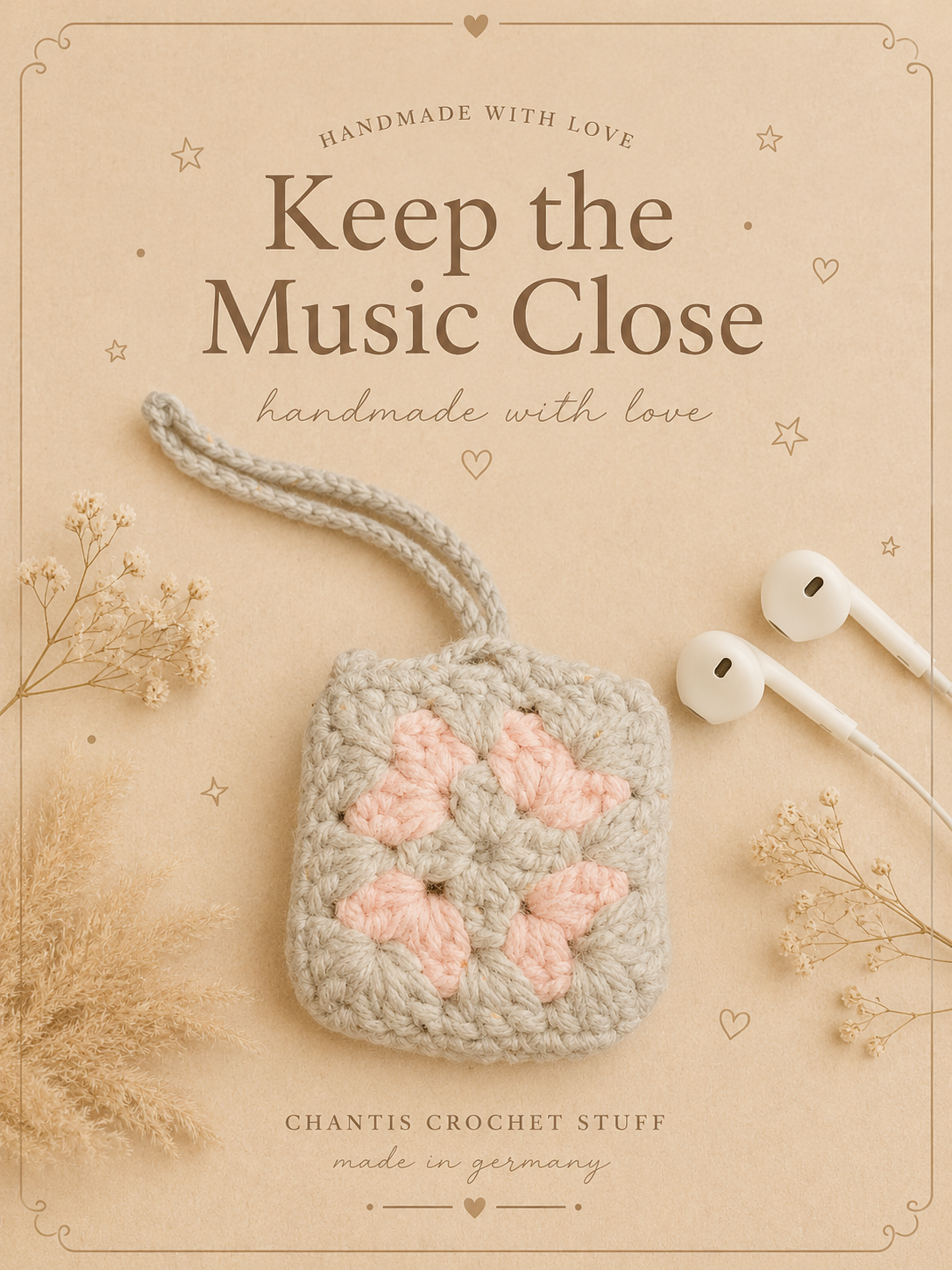 Gehäkeltes Kopfhörer-Täschchen – Granny Square Grau-Rosa