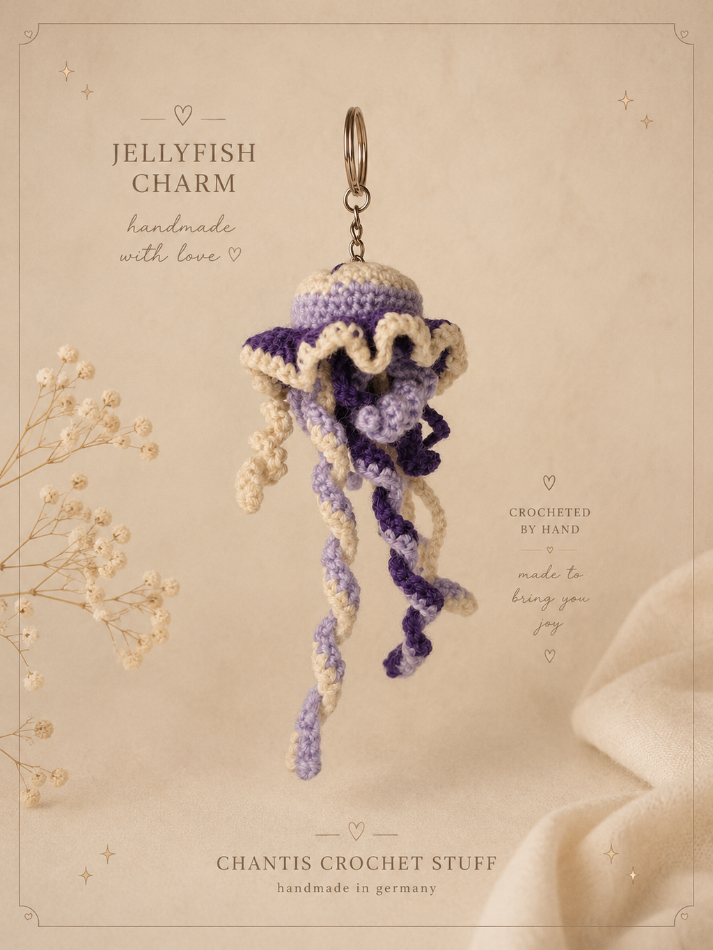 Gehäkelte Qualle Schlüsselanhänger Lila-Weiß – Handmade