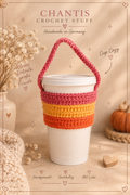 Bunter handgehäkelter Cup Cosy in Pink, Gelb und Orange an einem weißen To-go-Becher