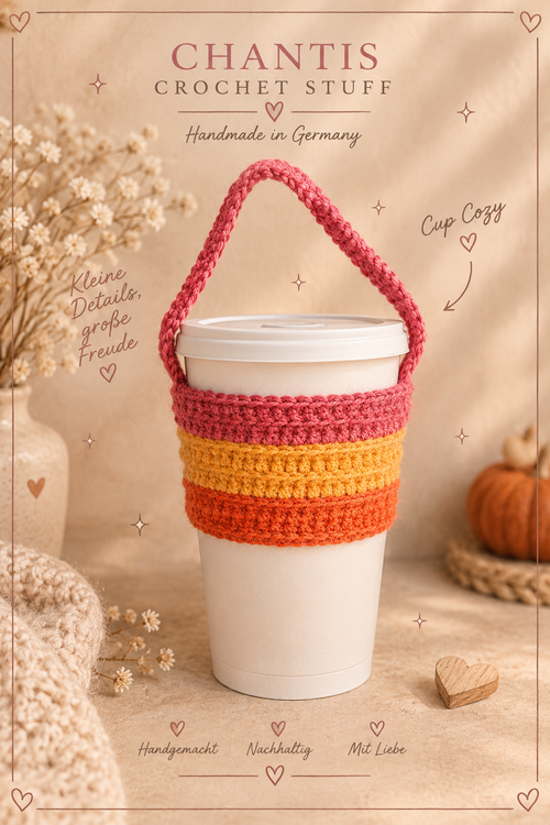 Bunter handgehäkelter Cup Cosy in Pink, Gelb und Orange an einem weißen To-go-Becher