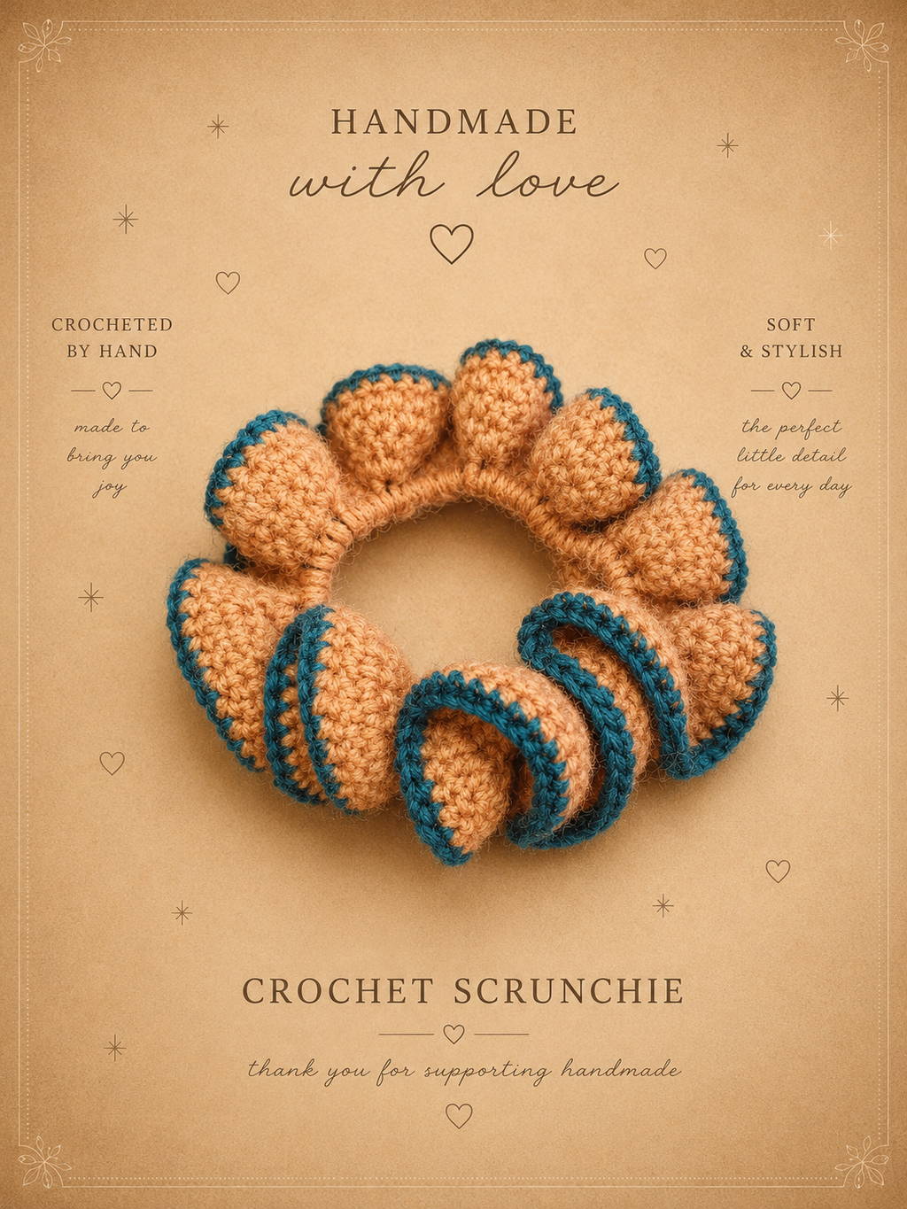 Gehäkelter Scrunchie / Haargummi – Lachs-Petrol