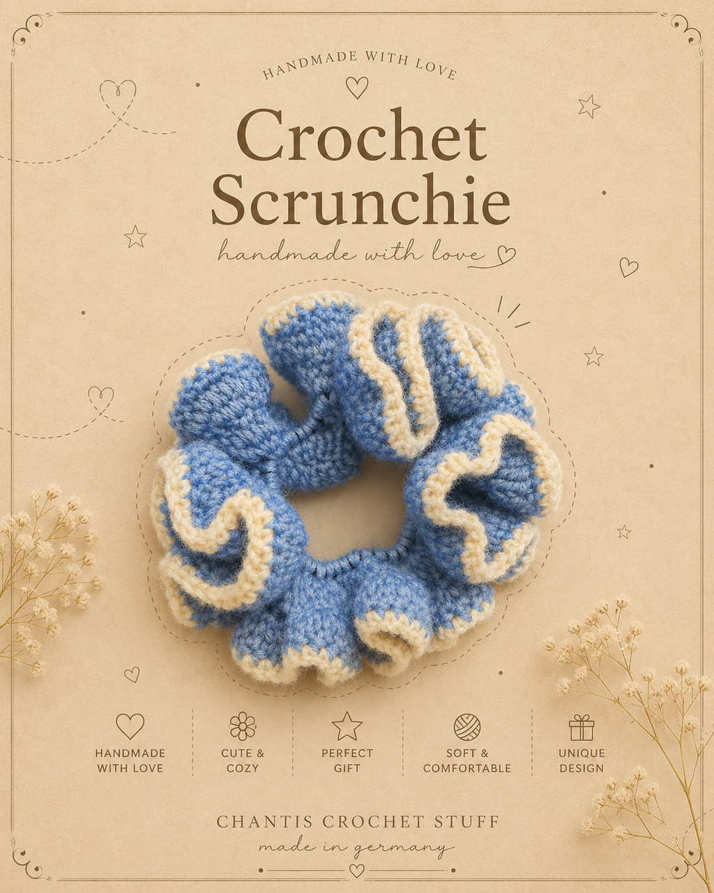 Gehäkelter Scrunchie – Blau/Gelb