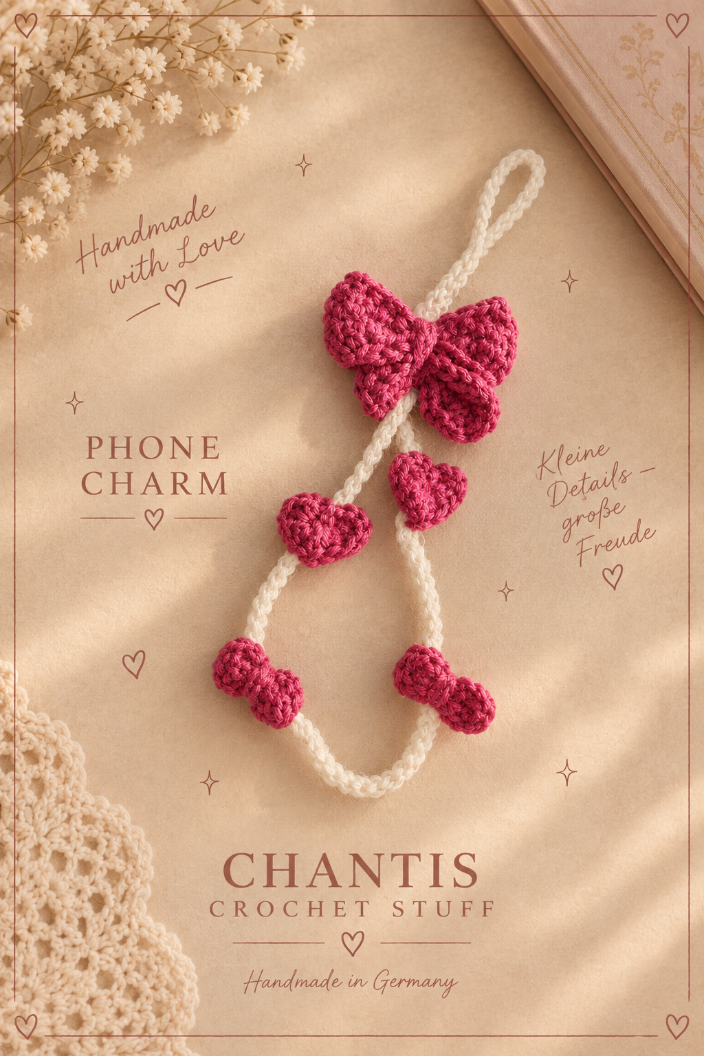 Handgehäkelter roséfarbener Phone Charm mit Schleifen und Herzen an einer cremefarbenen Kordel