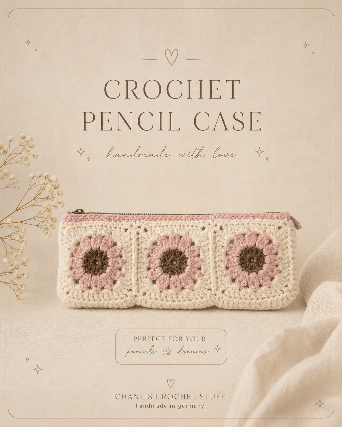 Gehäkelte Federmappe / Schminktasche – Granny Square Creme-Rosa