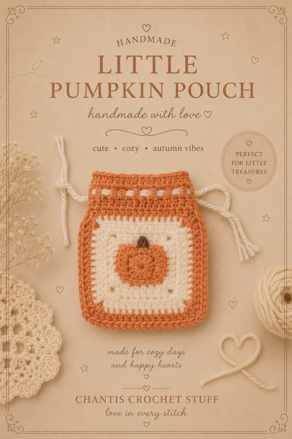 Gehäkelter Little Pumpkin Pouch – Produktbild mit Branding
