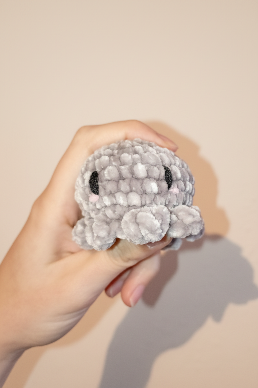 Lifestyle-Bild: Hand hält grauen Oktopus-Stressball (echtes Foto, optimiert)