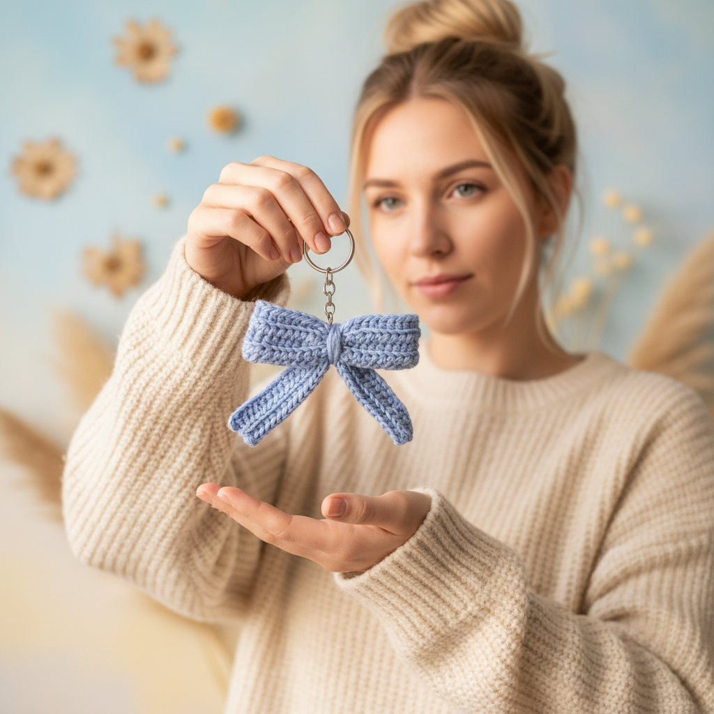Person hält gehäkelten Schleifen-Schlüsselanhänger Blau in der Hand