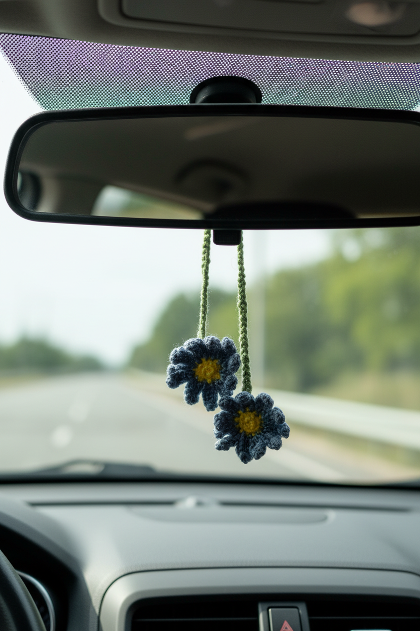 Gehäkelte blau-graue Blumen am Autospiegel