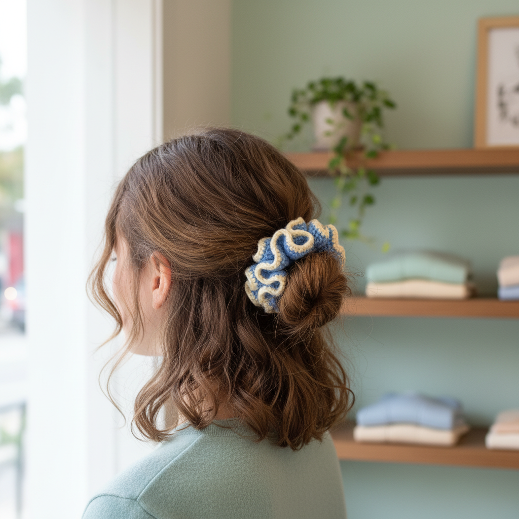 Frau mit gehäkeltem Scrunchie Blau Creme im Haar