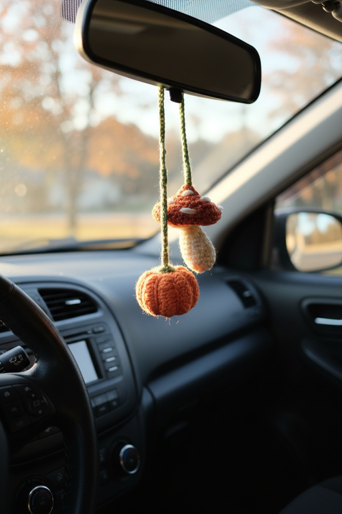Gehäkelte Kürbis & Pilz Deko hängend am Rückspiegel im Auto