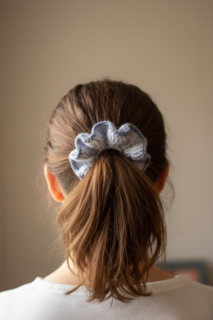 Gehäkelter Scrunchie Weiß-Blau – getragen als Haargummi