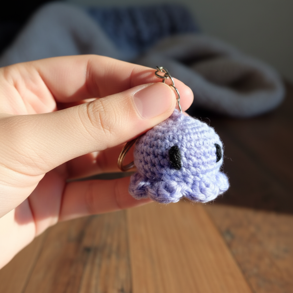 Lifestyle-Bild: Person hält lila Oktopus Schlüsselanhänger in der Hand