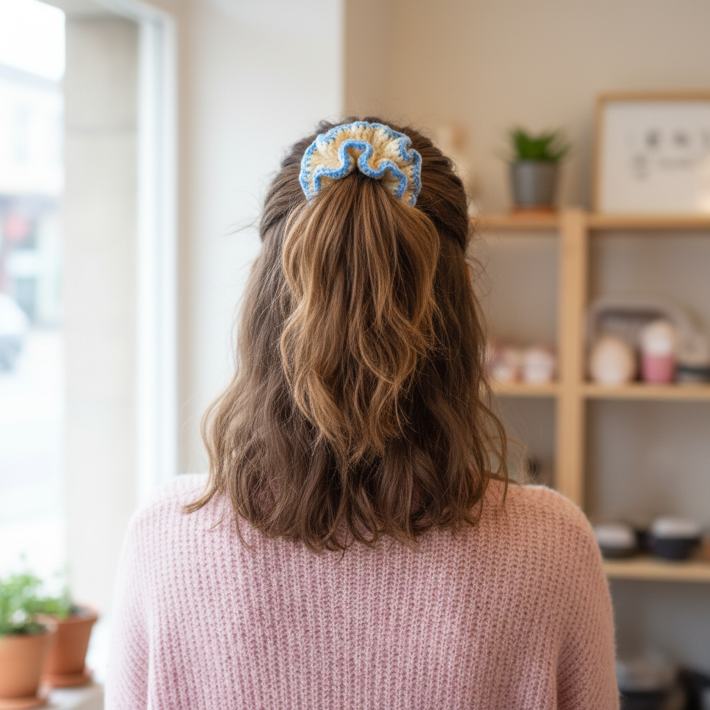 Frau mit gehäkeltem Scrunchie Creme Blau im Haar