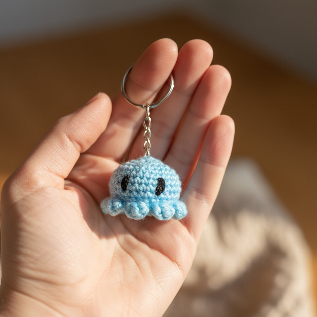 Lifestyle-Bild: Person hält blauen Oktopus Schlüsselanhänger in der Hand